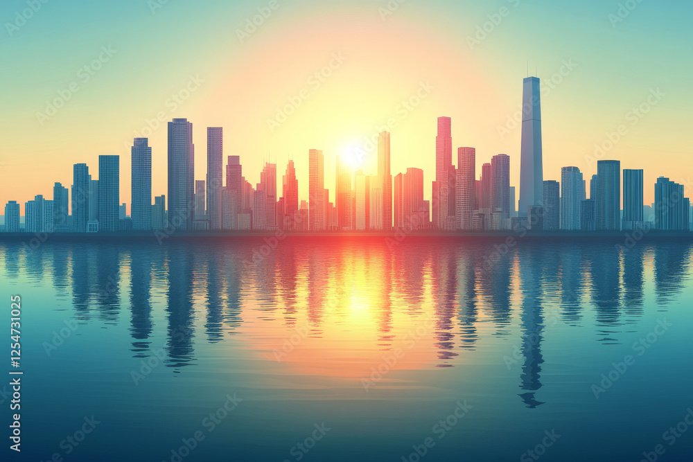 Sunset skyline reflecting on calm water, creating serene cityscape Sunset skyline reflecting on calm water, creating serene cityscape