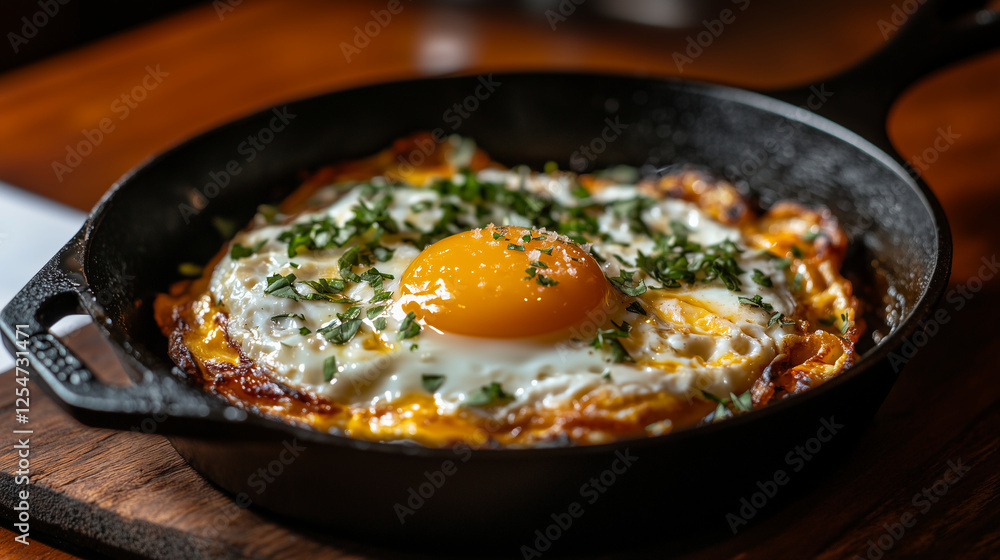 A sunny-side-up egg in a cast-iron skillet, with the yolk still runny. A sunny-side-up egg in a cast-iron skillet, with the yolk still runny.