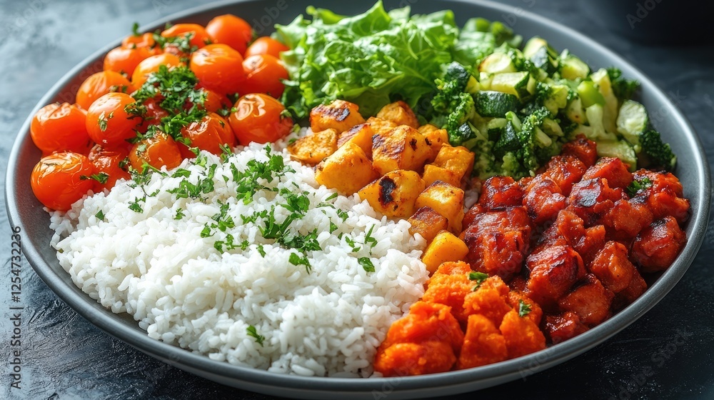 Colorful bowl of rice with grilled vegetables, fresh greens, and vibrant cherry tomatoes on a dark surface Colorful bowl of rice with grilled vegetables, fresh greens, and vibrant cherry tomatoes on a dark surface