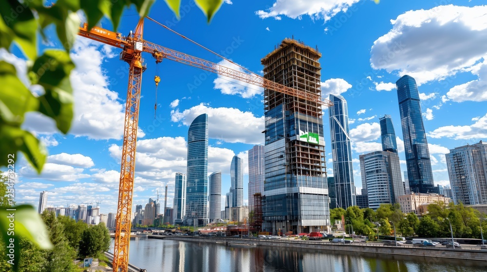Fototapeta premium Construction site with crane and modern skyscrapers under blue sky and fluffy clouds reflecting in river in a bustling city landscape