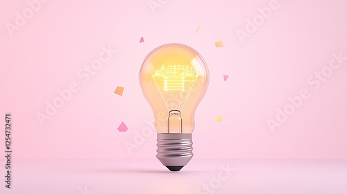 A glowing light bulb with colorful geometric shapes on a soft pink background, symbolizing creativity