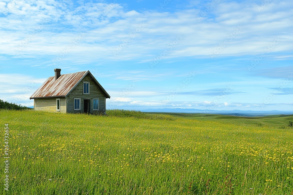 Serene abandoned house countryside photography green field wide angle tranquility Serene abandoned house countryside photography green field wide angle tranquility