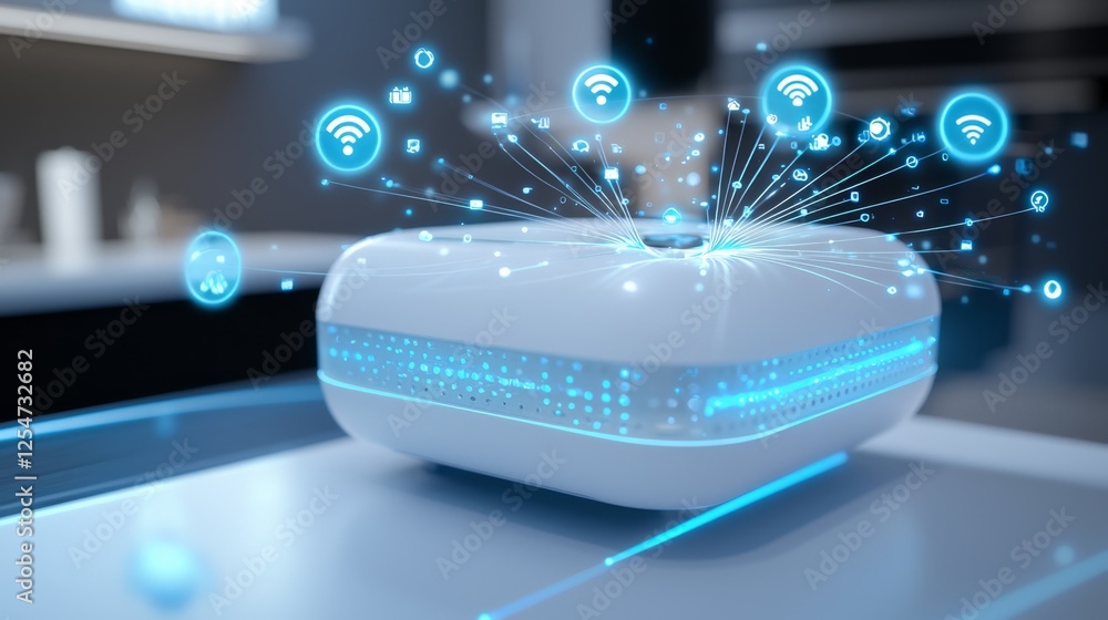Modern Smart Home Device with Futuristic Interface and Wireless Connection Symbols Floating Above Modern Smart Home Device with Futuristic Interface and Wireless Connection Symbols Floating Above