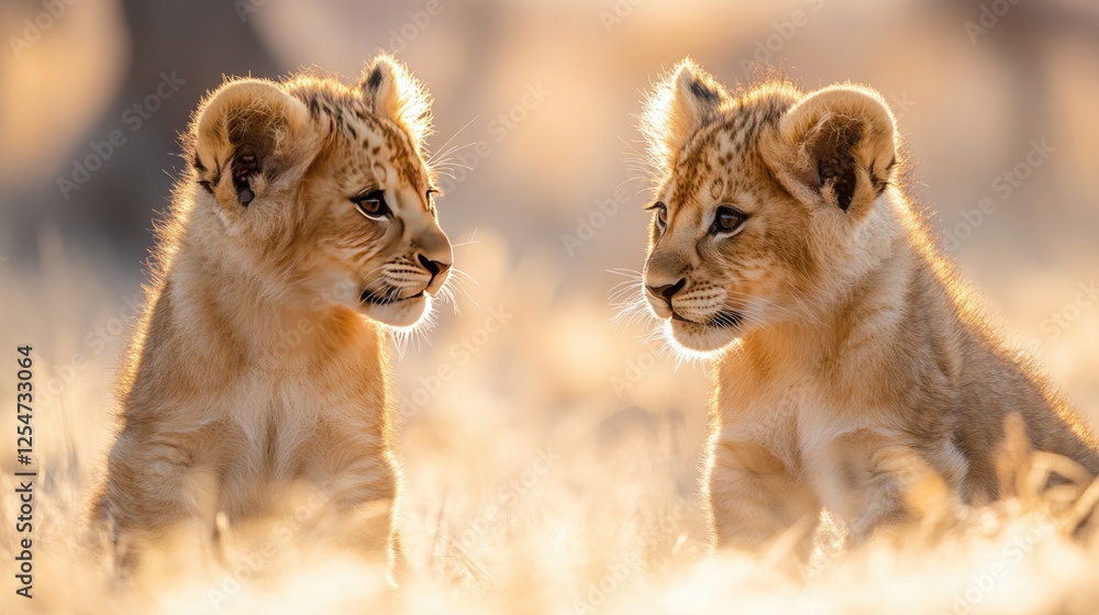 Two playful lion cubs gazing at each other in golden grassland during sunset, showcasing their innocence Two playful lion cubs gazing at each other in golden grassland during sunset, showcasing their innocence