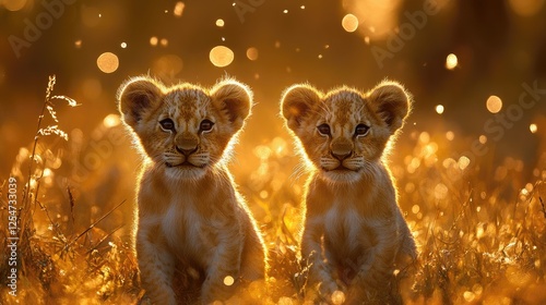 Two playful lion cubs standing amidst golden grass, illuminated by soft sunlight, with a blurred background