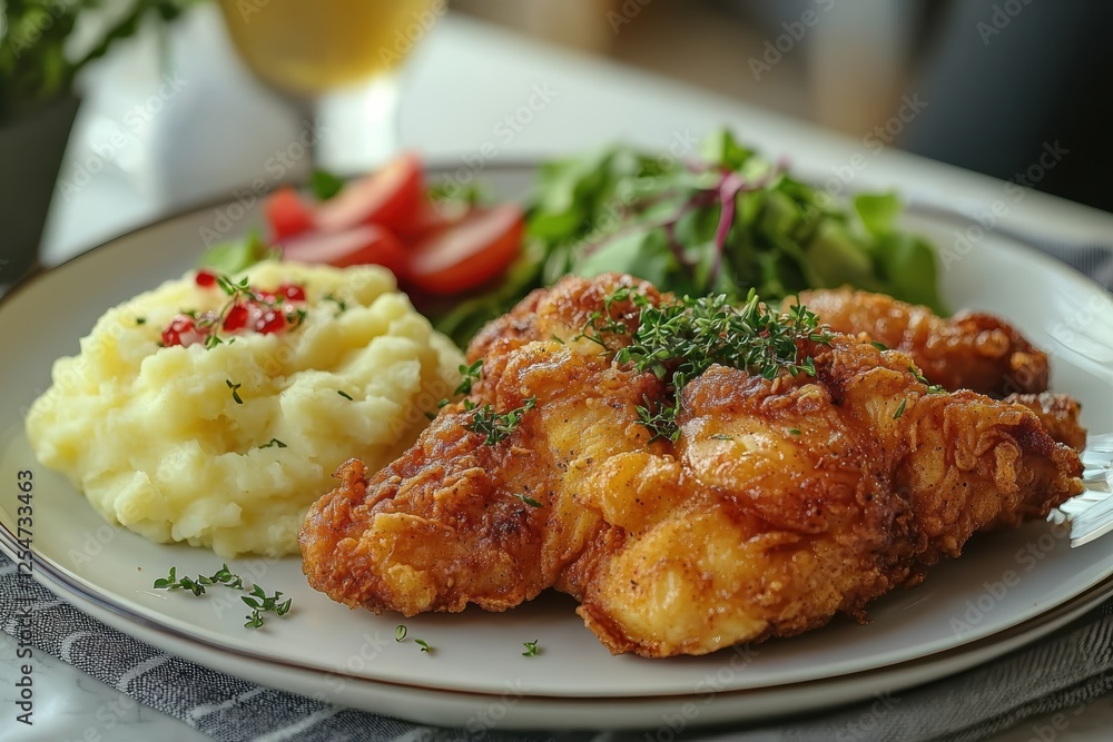 Crispy fried chicken plate with mashed potatoes and salad restaurant setting food photography vibrant colors close-up view Crispy fried chicken plate with mashed potatoes and salad restaurant setting food photography vibrant colors close-up view