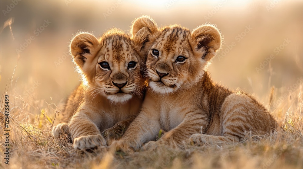 Two playful lion cubs cuddling in a sunlit savannah, surrounded by tall grass and soft sunlight Two playful lion cubs cuddling in a sunlit savannah, surrounded by tall grass and soft sunlight