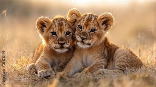 Two playful lion cubs cuddling in a sunlit savannah, surrounded by tall grass and soft sunlight