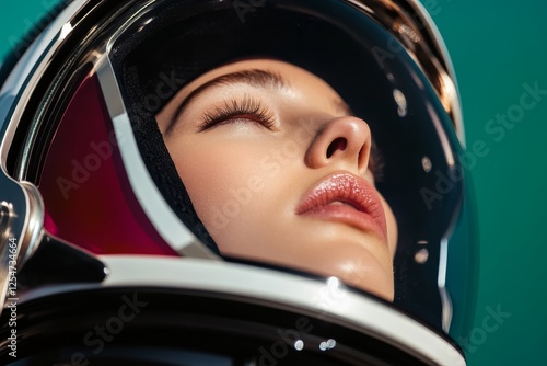 Woman in space helmet gazing upwards, highlighting the beauty and serenity of life beyond Earth photo