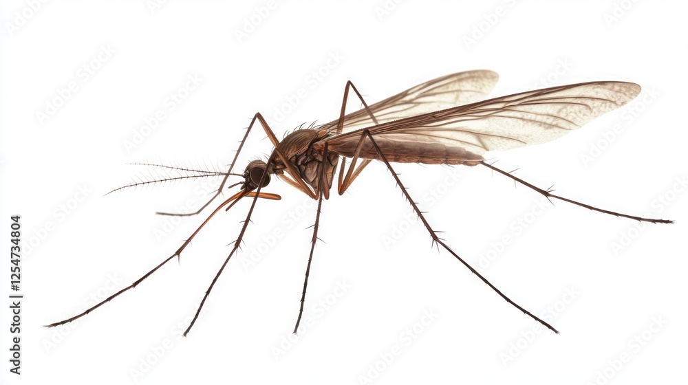 A detailed macro shot of a mosquito perched on a leaf, with its proboscis visible and fine wing patterns A detailed macro shot of a mosquito perched on a leaf, with its proboscis visible and fine wing patterns