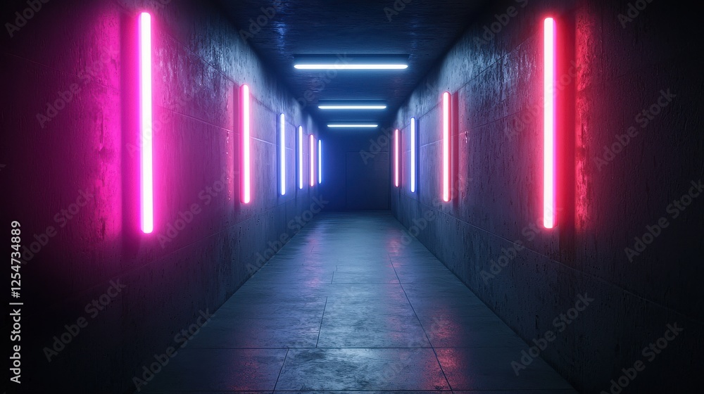 A dimly lit corridor illuminated by vibrant pink and blue neon lights, creating a modern and atmospheric vibe. A dimly lit corridor illuminated by vibrant pink and blue neon lights, creating a modern and atmospheric vibe.