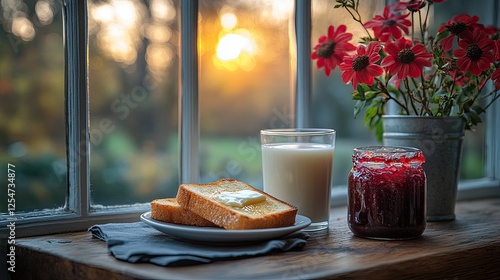 Morning breakfast setting with toast, milk, and jam beside flowers, illuminated by sunrise