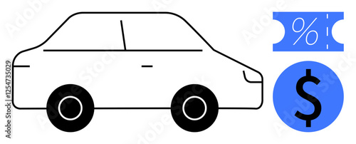 Car depicted in black and white beside a blue discount coupon and dollar symbol. Ideal for automotive sales, car loans, auto insurance, discounts, pricing strategies, financial deals, sales