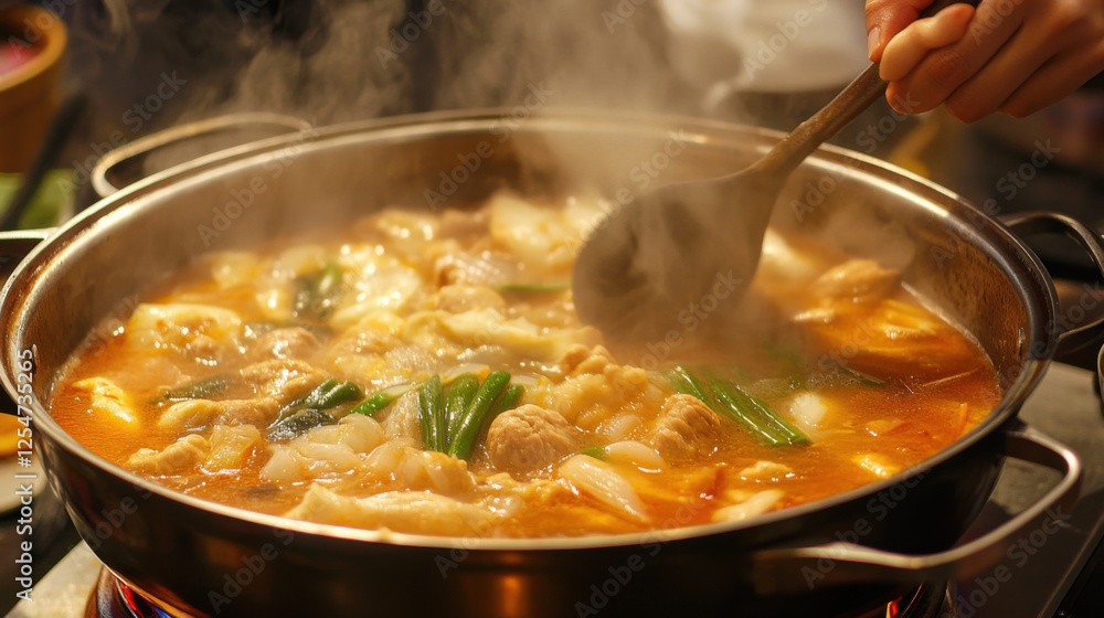 Steaming pot of flavorful broth with assorted meats and fresh vegetables being stirred using a wooden spoon in a warm kitchen setting Steaming pot of flavorful broth with assorted meats and fresh vegetables being stirred using a wooden spoon in a warm kitchen setting