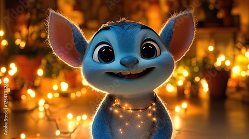 A cheerful blue animated character adorned with glowing lights, set in a festive indoor environment