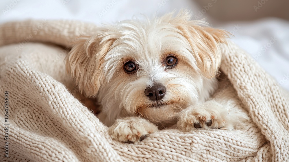 A small, fluffy dog with light fur peeks out from under a cozy, knitted blanket, exuding warmth and comfort. A small, fluffy dog with light fur peeks out from under a cozy, knitted blanket, exuding warmth and comfort.