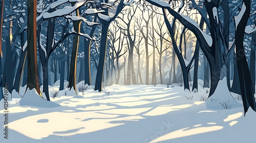 Sunlit Winter Forest Path Snow Covered Trees