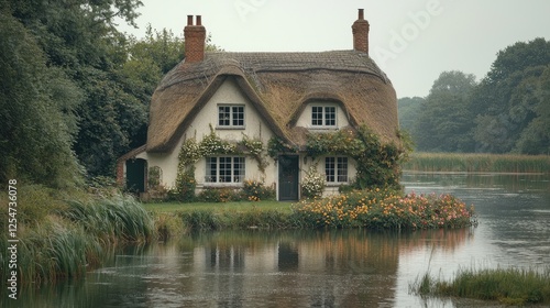 Quaint thatched cottage by a serene lake surrounded by lush greenery and blooming flowers