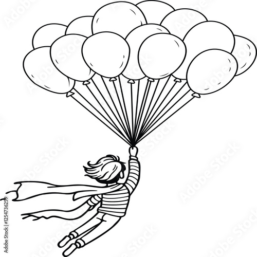vector illustration of a A cheerful boy soaring through the sky, holding a slack balloon string in his hand. 