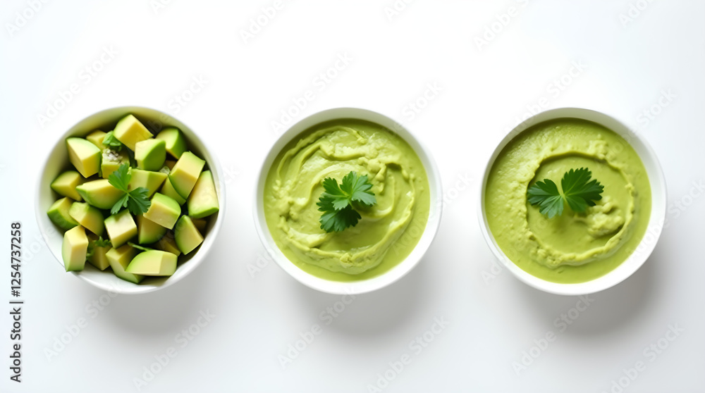 Avocado Transformation: From Fresh Cubes to Creamy Dip - Healthy Vegan Food, Green Smoothie Bowl, Delicious Appetizer, Top-Down Flat Lay, White Background Avocado Transformation: From Fresh Cubes to Creamy Dip - Healthy Vegan Food, Green Smoothie Bowl, Delicious Appetizer, Top-Down Flat Lay, White Background