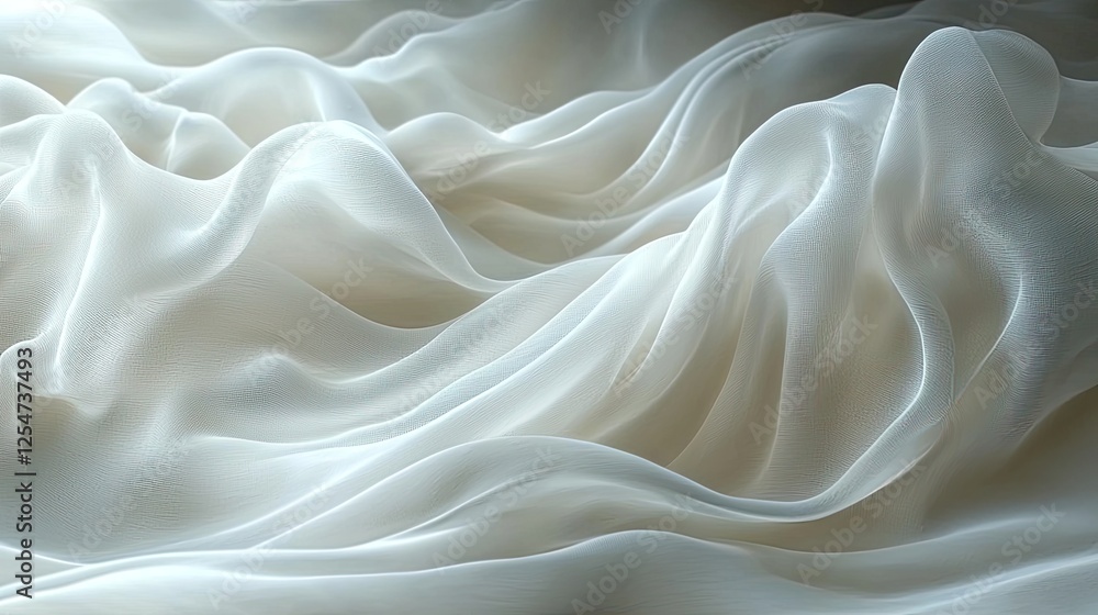 Soft, flowing white fabric draping gracefully, creating a serene atmosphere with gentle curves Soft, flowing white fabric draping gracefully, creating a serene atmosphere with gentle curves