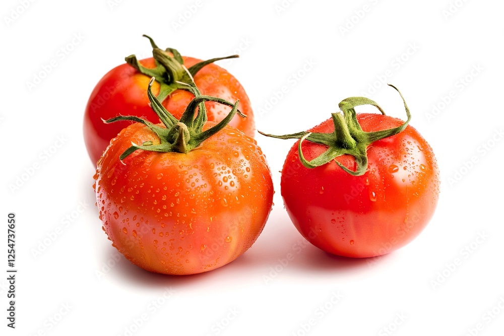 Three ripe red tomatoes are sitting on a white background Three ripe red tomatoes are sitting on a white background