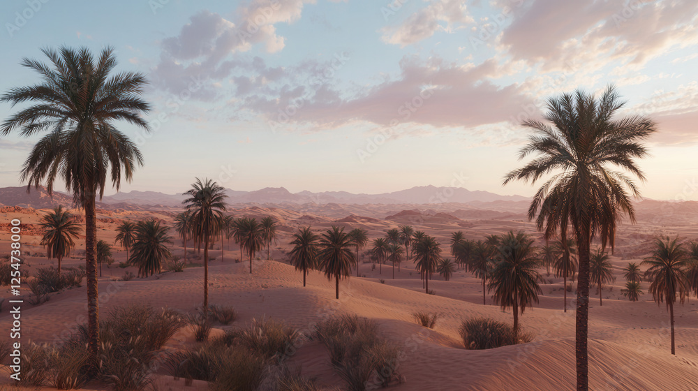 Obraz premium Serene desert oasis at sunset palm trees silhouetted against tranquil sky. feeling of peace and solitude