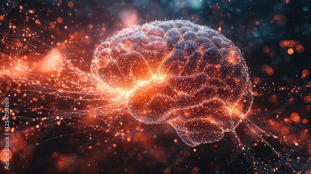 Abstract representation of a glowing brain with neural connections and vibrant particles in a cosmic background Abstract representation of a glowing brain with neural connections and vibrant particles in a cosmic background