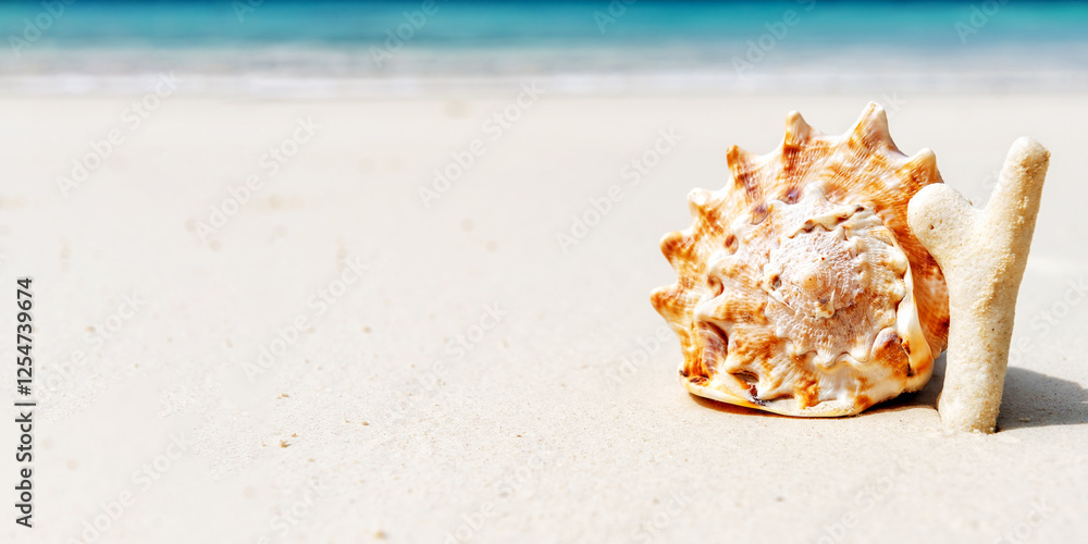 Large seashell rests on a pristine white sandy beach with a piece of coral beside it. The turquoise ocean gently laps the shore Large seashell rests on a pristine white sandy beach with a piece of coral beside it. The turquoise ocean gently laps the shore