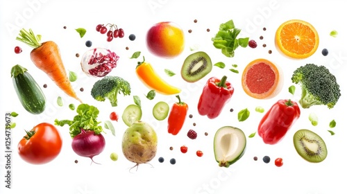 A vibrant collection of various fruits and vegetables arranged thoughtfully against a clean white backdrop, showcasing their natural colors and textures. Perfect for health enthusiasts