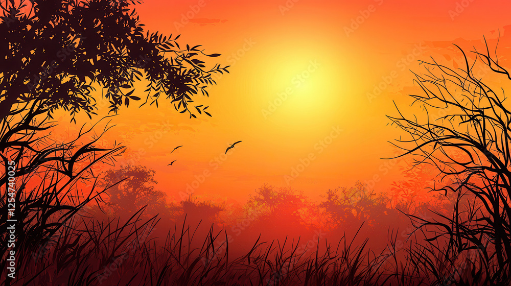 Serene sunset over tranquil forest, casting warm, peaceful glow Serene sunset over tranquil forest, casting warm, peaceful glow