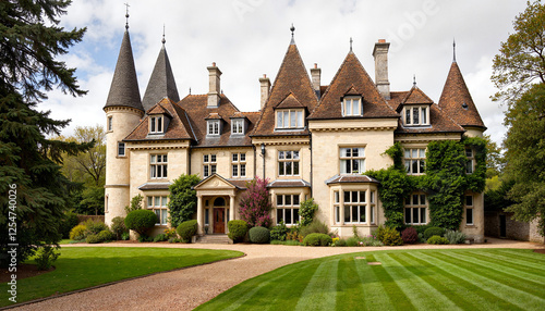 Picturesque castle wedding venue amid lush greenery, fairytale ambiance photo