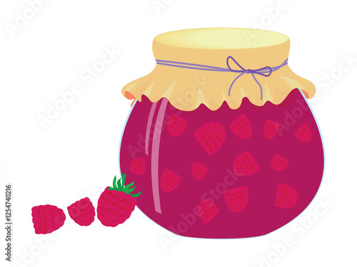 Raspberry jam in glass jar and fresh berry. Vector cartoon flat illustration. Homemade sweet food icon.
