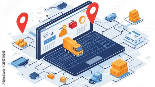 E-commerce Logistics System with Truck, Laptop, and Delivery Packages Representing Supply Chain Management