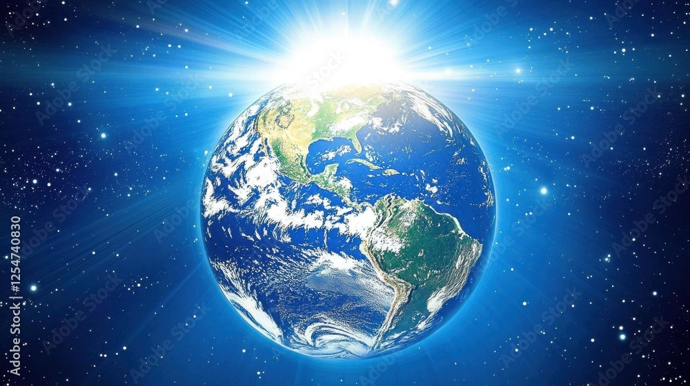 A luminous Earth bathed in celestial light, surrounded by space dust, with an open text field. A luminous Earth bathed in celestial light, surrounded by space dust, with an open text field.