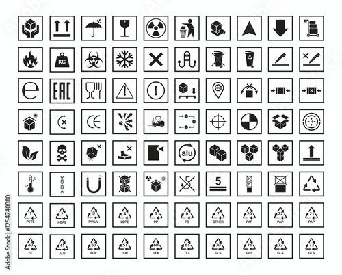 Packaging icons set, Cargo shipping and product label symbol vector.