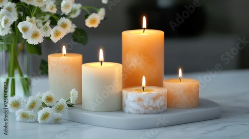A serene arrangement of lit candles in various sizes on a marble tray, complemented by fresh flowers