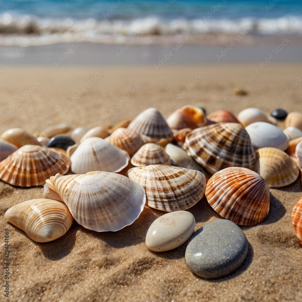 Collection of Seashells and Pebbles on the Beach Collection of Seashells and Pebbles on the Beach