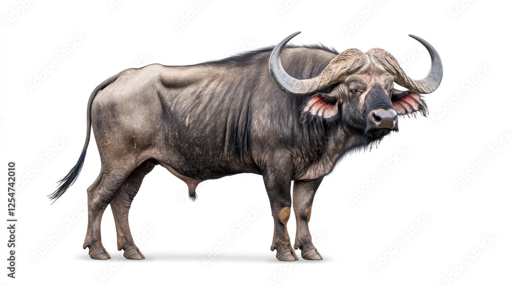 Naklejka premium A powerful African buffalo standing tall, showcasing its massive curved horns and muscular build, isolated on a white background