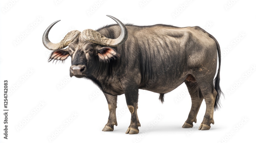 Fototapeta premium A powerful African buffalo standing tall, showcasing its massive curved horns and muscular build, isolated on a white background