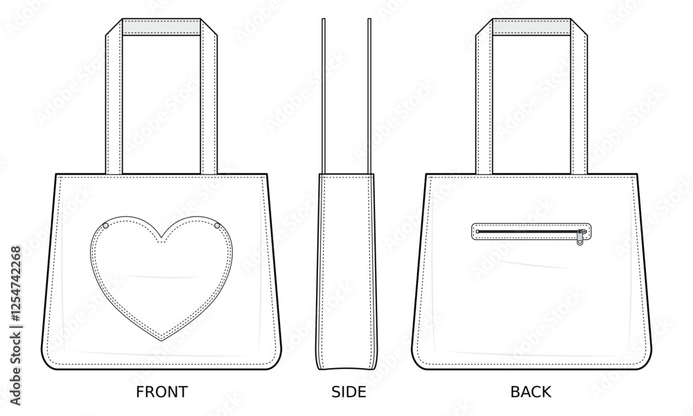 Heart Patch Tote Bag Technical Fashion Illustration. Structured Handbag with Front Heart Pocket and Back Zippered Compartment. Reinforced Handles. Stylish Everyday Carryall. CAD Mockup Set.