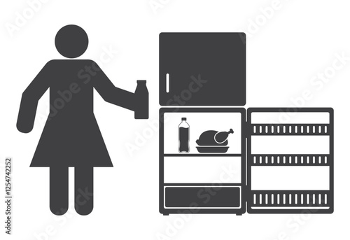 waman with bottle near fridge with chiken icon