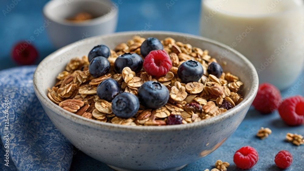Crunchy Granola Bowl with Fresh Blueberries and Milk Crunchy Granola Bowl with Fresh Blueberries and Milk