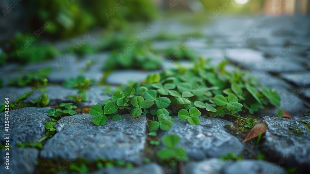 Low-angle perspective of small clover plants growing in the gaps of an old cobblestone road, adding greenery to urban scenery. Low-angle perspective of small clover plants growing in the gaps of an old cobblestone road, adding greenery to urban scenery.