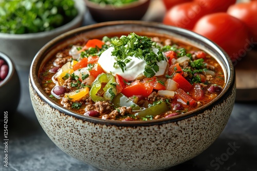 Delicious ground beef chili with kidney beans cozy kitchen food photography warm atmosphere close-up comfort food delight photo