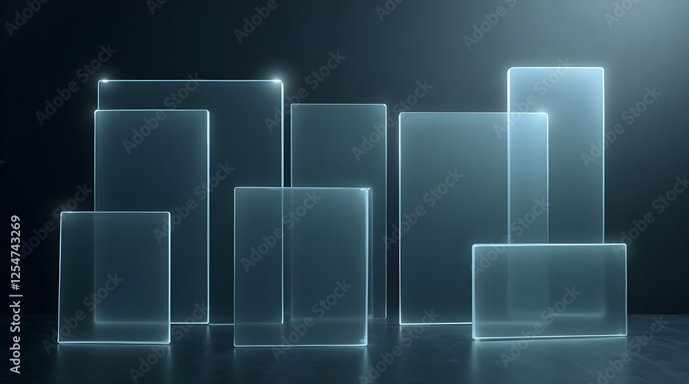 Abstract Glass Squares: Modern Minimalist Design with Transparent Geometric Shapes, Illuminated Edges, and Dark Background for Graphic Design and Wall Art Abstract Glass Squares: Modern Minimalist Design with Transparent Geometric Shapes, Illuminated Edges, and Dark Background for Graphic Design and Wall Art