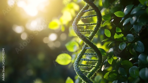 A DNA double helix made of green leaves with sunlight