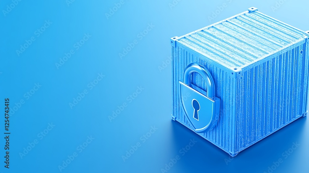 Blue metallic box with lock representing security and protection on a smooth gradient background Blue metallic box with lock representing security and protection on a smooth gradient background
