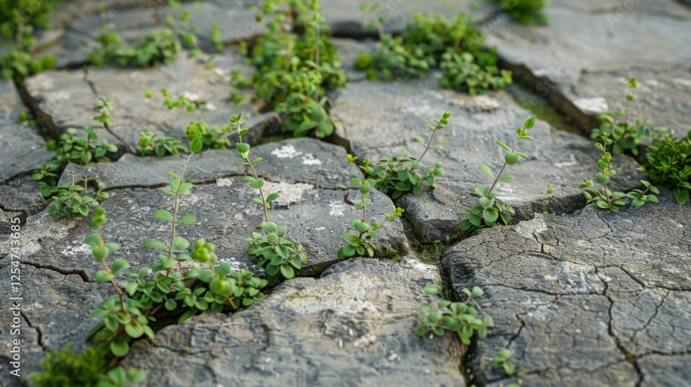 Low-angle view of creeping thyme spreading across cracks in a stone patio, creating a fragrant and textured ground cover. Low-angle view of creeping thyme spreading across cracks in a stone patio, creating a fragrant and textured ground cover.