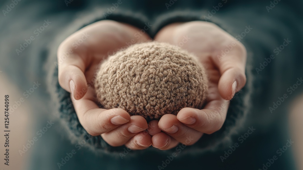 Hands holding a knitted ball Hands holding a knitted ball